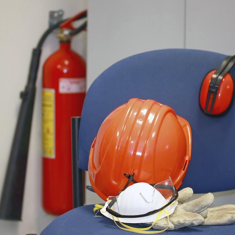 Personal protective equipment, mask, bump hat, ear defenders, glasses and gloves.