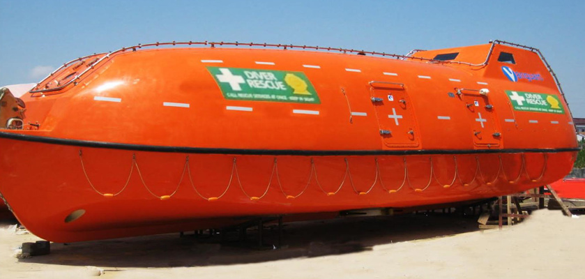 Lifeboat designed by Vanguard Composite Engineering, with JFD's Divex branded hyperbaric chambers and life support equipment installed