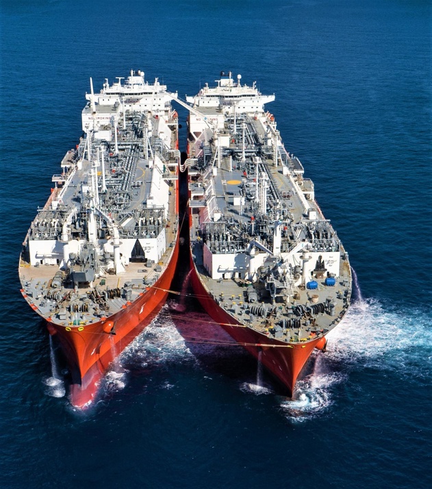 Close up of LNG STS transfer with two vessels