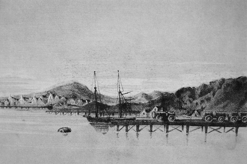 Black and white artist's impression of Barrow's harbour 1844