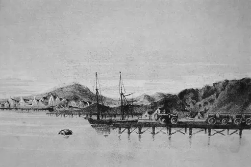 Black and white artist's impression of Barrow's harbour 1844