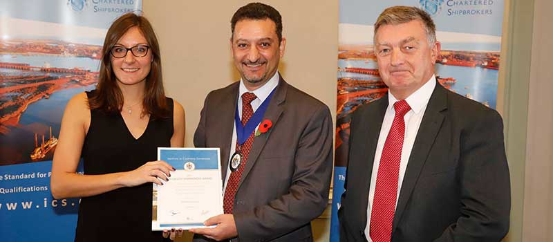 JF Everard commercial manager, Melodie Dewitte has received two awards for achieving the highest possible marks in her Institute of Chartered Shipbrokers (ICS) exams.